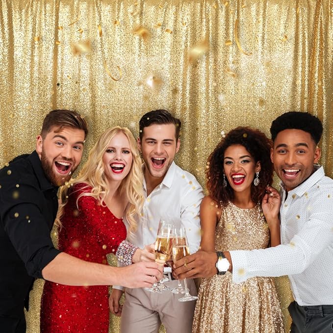 PartyDelight Gold Sequin Backdrop 10x10ft - High Density 3mm Shimmer Sequin Background with 4-Inch Rod Pocket, Sparkly Photography Curtain for Wedding, Gala, Stage & Large Event Decor