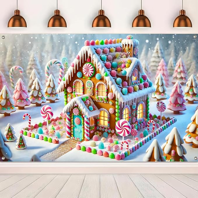 Christmas Gingerbread House Banner Candy Land Holiday Decor Colorful Sweet Winter Wonderland Backdrop for Party Wall Decoration Kids Home Photo Booth Display 71 X 43 Inches