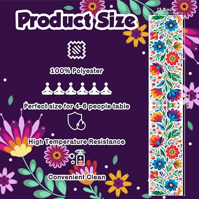 Cinco De Mayo Decorations - Mexican Floral Table Runner for Fiesta Party Decorations | Mexican Theme Birthday Decorations Taco Accessories Home Dining Room Kitchen Table Decor