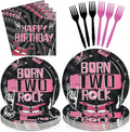 96Pcs Bad Two The Bone Birthday Decorations Rock and Roll 2nd Birthday Plates and Napkins Black Pink 2nd Tableware for 2 Years Old Rock Band Music Birthday Retro Bday Party Supplies Serves 24