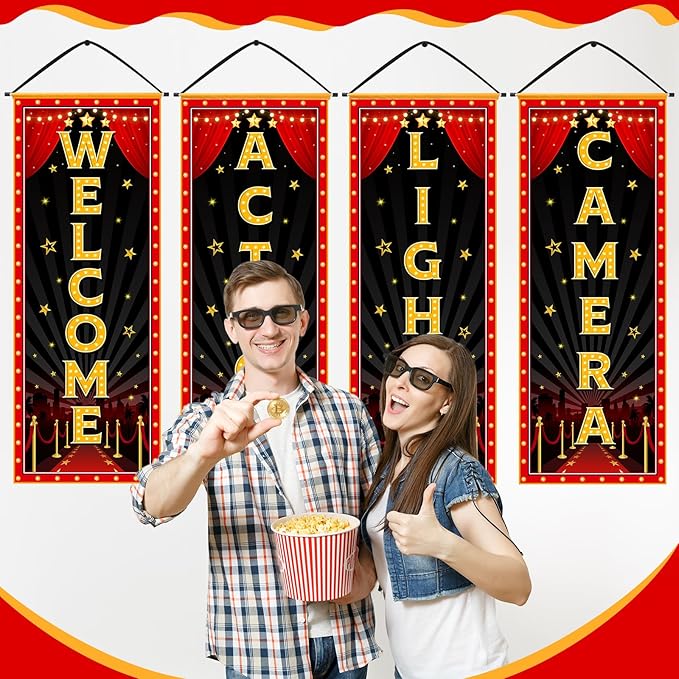 Panelee 4 Pcs Movie Night Porch Banner Movie Themed Party Decorations Theater Welcome Lights Camera Action Front Door Sign Hanging Decoration for Home Photo Film Booth Backdrop Party Supplies