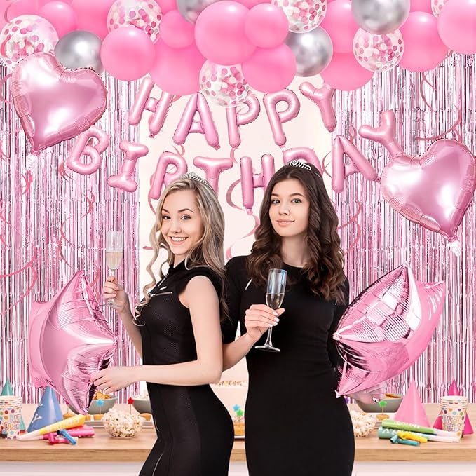 Pink Birthday Decorations, Happy Birthday Banner, Confetti Balloons, Fringe Curtain, Heart Star Foil Balloons, Hanging Swirls for Women Girls Princess Party Decorations