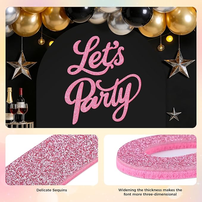 Babenest Let's Party Felt Sign, Flash Pink Reusable Glitter Letter Banner for Backdrop, Balloon Arch Decor, Party Supplies for Graduation, Birthday, Wedding, Bachelorette, Christmas, Home Bar, Man Cave Wall Decorations