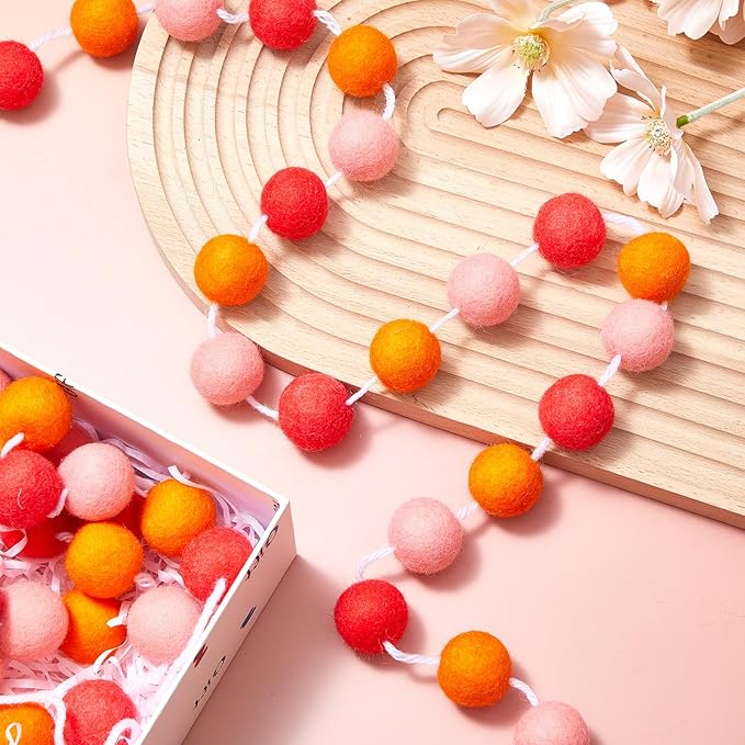 Boao 2 Pieces Wool Felt Ball Garland Colorful Pom Pom Garland Handmade 6.5 Feet Long 24 Balls Felt Banner for Wall Christmas Tree Decoration (Hot Pink,Pink,Orange)