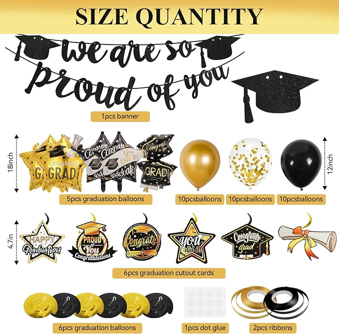 Graduation Decorations 2026,We Are So Proud of You Banner, Black and Gold Confetti Balloon,Foil Balloons, Hanging Congrats Grad Swirls for High School,College Graduation Party Supplies
