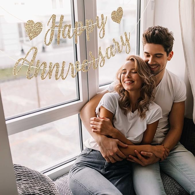 Pre-Strung Happy Anniversary Banner - No DIY - Gold Glitter Wedding Anniversary Party Banner in Script - Pre-Strung Garland on 6 ft Strands - Wedding Decorations & Decor. Did We Mention No DIY