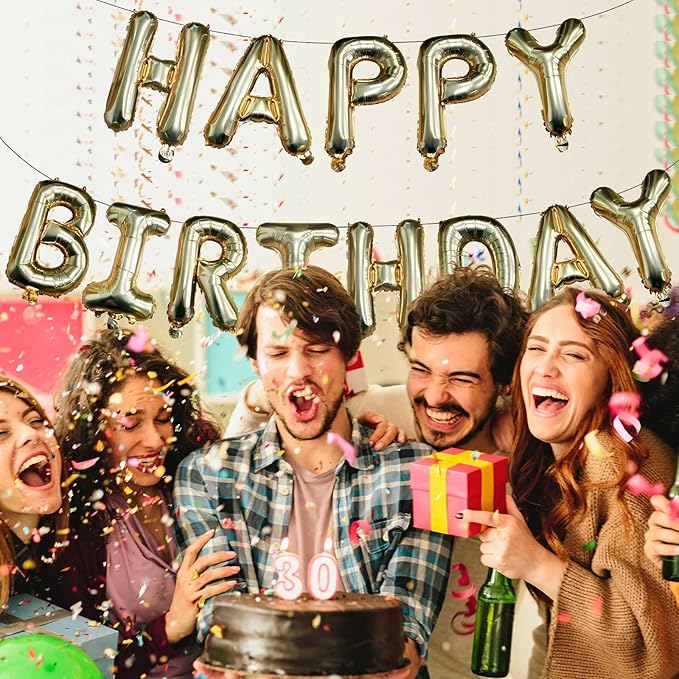 KALOR Light Gold Happy Birthday Balloons Banner, 16 Inch Mylar Foil Letters Balloon Sign for Birthday Party Decorations Photo Booth Backdrop