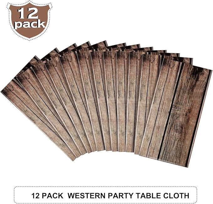 Tiamon 12 Pcs Western Party Tablecloth Western Cowboy Party Table Cover Cowboy Theme Plastic Tablecloth Wild West Wood Grain Table Cover for Birthday Baby Shower Decor (54 x 108 Inch)