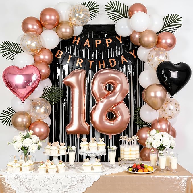 18th Birthday Decorations for Women - Rose Gold, Black and Hot Pink Party Supplies Set with Happy 18th Banner, Number 18 Balloons and Foil Fringe Curtains - 18 Year Old Celebration Kit