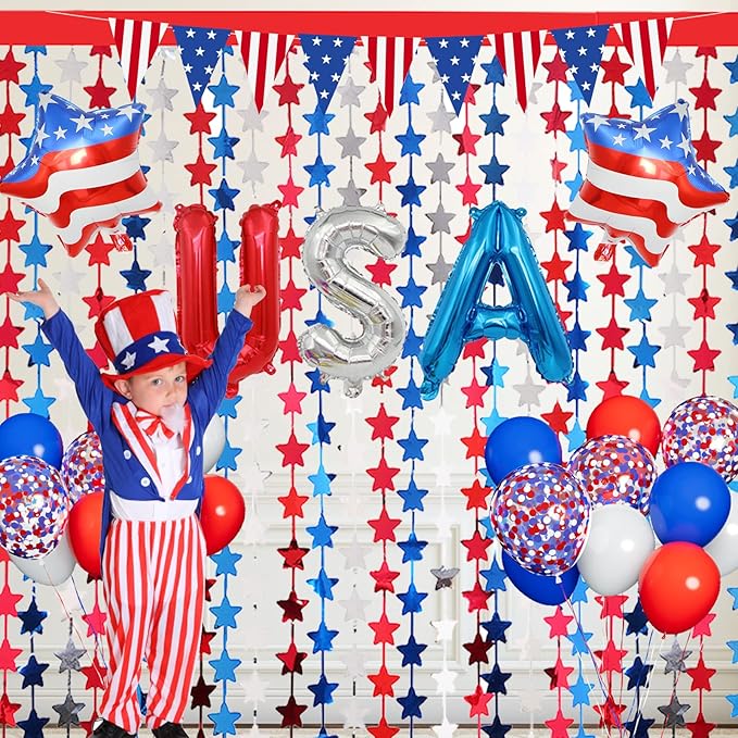 Red White and Blue Balloons Party Decorations with Patriotic Theme Foil Fringe Curtain for Graduation Party Supplies Nautical Veterans Memorial Day 4th of July Balloon Arch Decorations