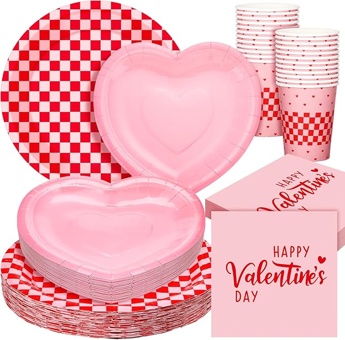 Zhehao 112 Pcs Valentine's Day Party Supplies Set for 24 Guests Paper Plates 9 oz Cups Napkins and Cutlery Pink and Red Plaid Ladies Celebration Party Decor Women Supplies