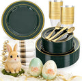 350PCS Green and Gold Plates - Green Plastic Plates 50Guests Plastic Plate with Rolled Napkins for Party/Birthday/St. Patrick's Day/Easter