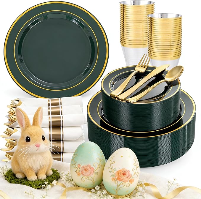 350PCS Green and Gold Plates - Green Plastic Plates 50Guests Plastic Plate with Rolled Napkins for Party/Birthday/St. Patrick's Day/Easter