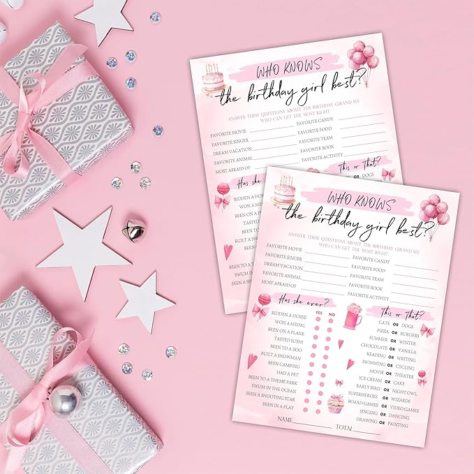 6"X8" Who Knows The Birthday Girl Best - Watercolor Birthday Elements - Funny Double-Sided 3-in-1 Game Card Set For Girls Birthday Party, Sleepover Party Activities, Favor & Supplies (20Pcs)- A09