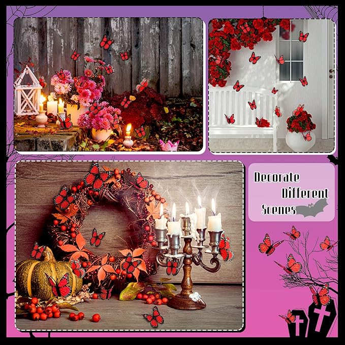 Waydress 24 Pieces Halloween Monarch Butterfly Decorations 3 Size Artificial Monarch Butterflies Wall Decor 3D Butterfly Wing Wall Art with Wire for Fall Wedding Home Bedroom Decorations(Red)