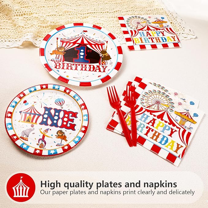 96Pcs Carnival 1st Birthday Party Decorations Carnival Circus First Birthday Plates and Napkins Tableware Sets Circus Theme Decoration Favors for Boys Girls Baby Shower One Year Old Supplies Serves 24
