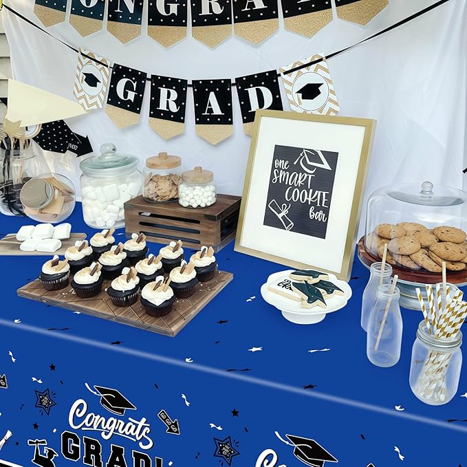 2-Piece 54 x 108 Inch Graduation Plastic Tablecloth – Graduation Disposable Rectangle Table Covers with “Congrats Grad” Design for Class of 2026 Party, School and Home Decorations