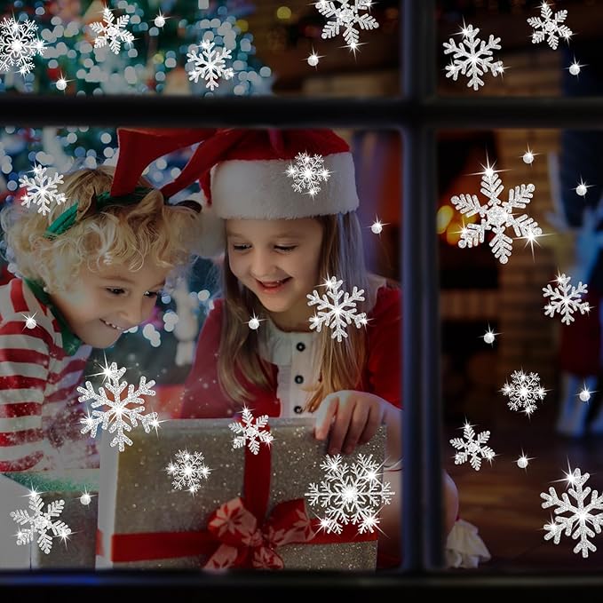 LUDILO 240Pcs Christmas Window Clings Glitter Snowflakes Window Decals Static Window Stickers for Christmas Decorations Windows Décor Ornaments Xmas Party Supplies Thanksgiving Party Décor