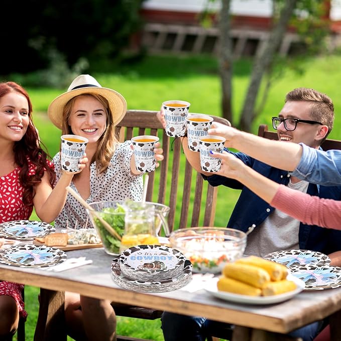 350 Pcs Western Cowboy Baby Shower Party Supplies a Cowboy Is on the Way Baby Shower Paper Plates Napkins Cups Disposable Western Party Tableware Plastic Cutlery Serves 50 Guest