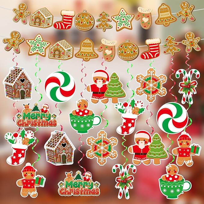 Christmas Decorations Christmas Banner and Gingerbread Hanging Swirls for Xmas Winter Holiday Party Supplies