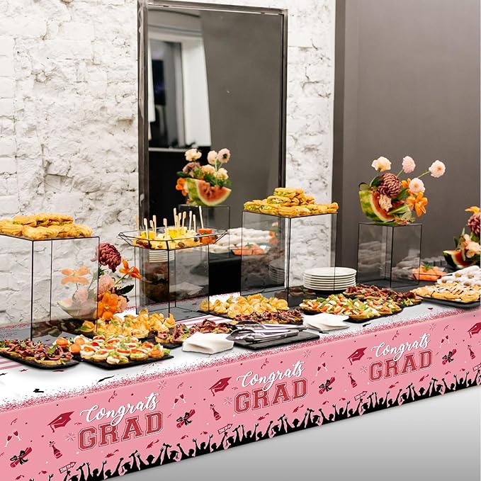 chiazllta Set of 3 Graduation Tablecloths Class of 2026 Congrats Grad Pink Graduation Party Tablecover Decorations Party Supplies Large Size Plastic 54"x108"(Pink & Gold)
