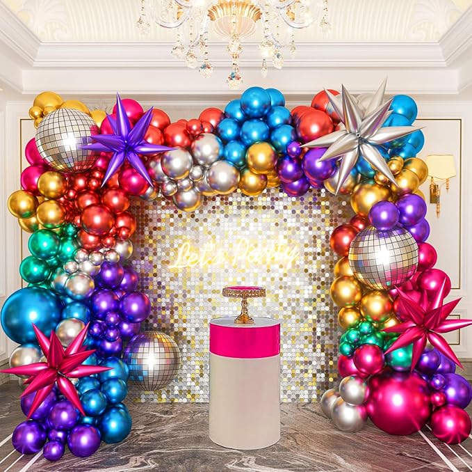 161pcs Shiny Chrome Balloon Garland Arch Kit Retro Disco Dance Party Decorations with 4D Disco Ball Balloons and Explosion Star Foil Balloons for 80s 90s Theme Neon Birthday Galaxy Supplies