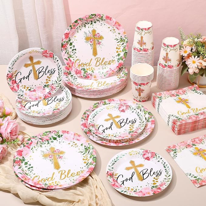 Pickmesh 250 Pcs Pink Baptism Cross Disposable Tableware Set First Holy Communion Baptism Disposable Paper Plates Napkins Cups for Christening Celebration Baby Shower Girl Religious Supplies, Serve 50
