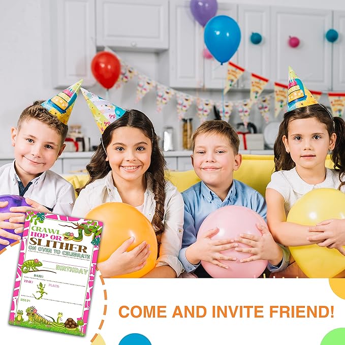 4" x 6" Reptile Theme Birthday Party Invitation Cards With Envelopes - Lizard Snake Turtle - Fill In Style Party Invitation - 20 Sets - E26