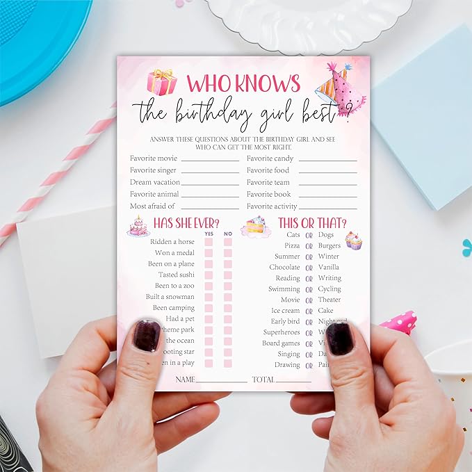 6"X8" Who Knows The Birthday Girl Best - Watercolor Pink Funny Double-Sided 3-in-1 Game Card Set For Birthday Party, Sleepover Party Activities & Supplies (20 Pcs)- A03