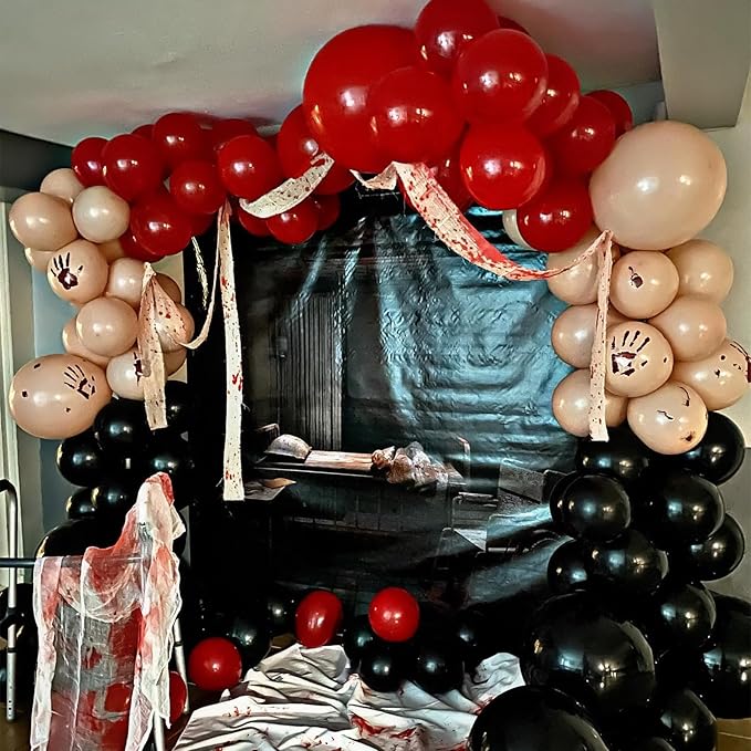 Scary Halloween Balloon Arch Garland Kit, Black Red and Apricot Horror Party Balloons with 3D Spider Decor, Clear Balloon with Blood for Halloween Spooky Zombie Horror Themed Birthday Decorations