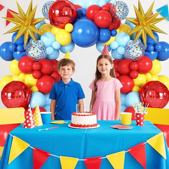 Red Blue Yellow Balloon Arch Garland Kit with Gold Star Foil Balloons Red 4D Round Ball Balloons for Birthday Party Carnival Circus Theme Decorations