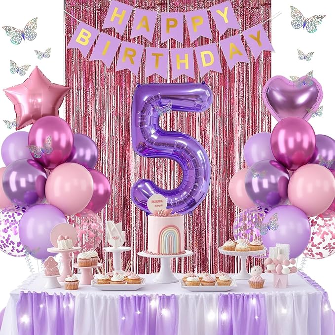 Pink Purple 5th Birthday Party Decorations for Girls Number 5 Balloon Happy Birthday Banner Butterfly Stickers Fringe Curtain Paper Pom Poms Metallic Hot Pink Star Foil Balloons 5 Year Old Princess