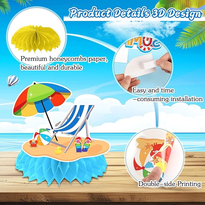 JULMELON 8PCS Summer Party Decorations Honeycomb Centerpiece, 3D Double Side Summer Beach Pool Party Table Toppers for Hawaiian Theme Party Decorations Hello Summer Beach Party Favors Supplies