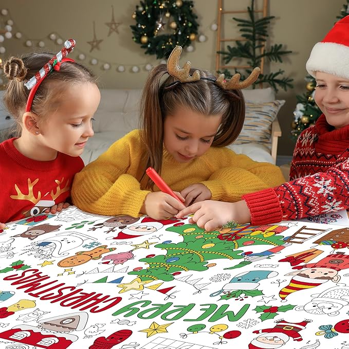 Giant Coloring Poster for Kids, 30x72 Inch Merry Christmas Large Coloring Tablecloth Banner, Color-in Activities Games for Kids School Classroom Home Party Supplies Decorations