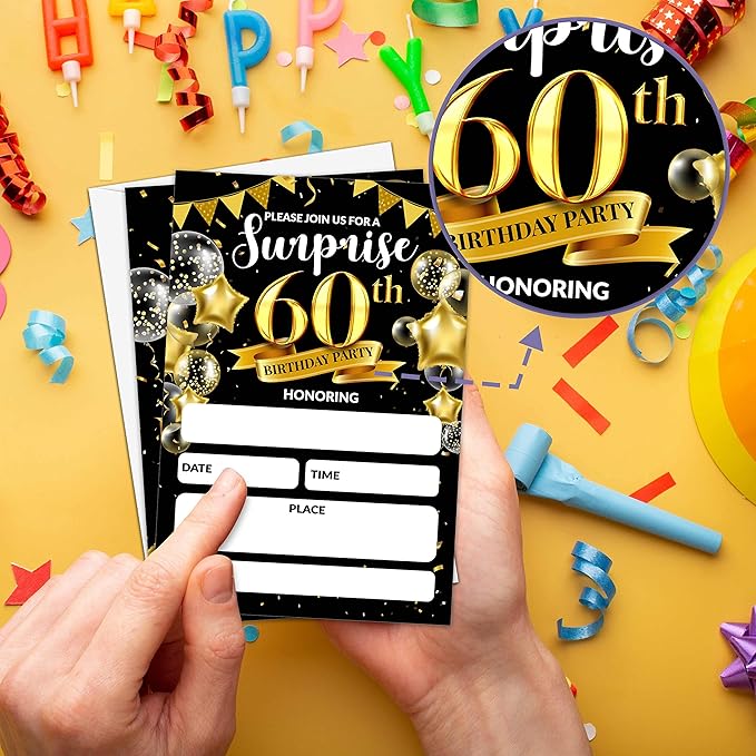 Surprise 60th Birthday Party Invitation, Black and Gold Fill-In Invites For Adult Woman & Man, 20 Invitations With Envelopes(4" x 6"), Party Favors Decorations And Supplies-04