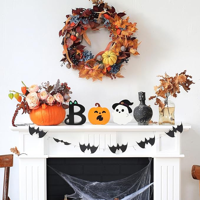COCHIE BOO Signs Halloween Table Decorations Indoor, Retro Halloween Black Orange Tiered Tray Decor Set of 3, Wooden Happy BOO Day Decoration Sign for Party Home Shelf Display (Cute)