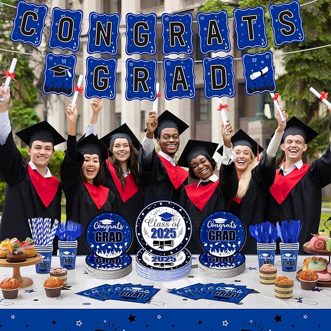 Graduation Party Supplies Congrats Grad Decorations Class of 2025, Disposable Plates and Napkins with Banner Tablecloth Cups Dinnerware Sets for Graduation Decor, Serves 24 (Blue and White)