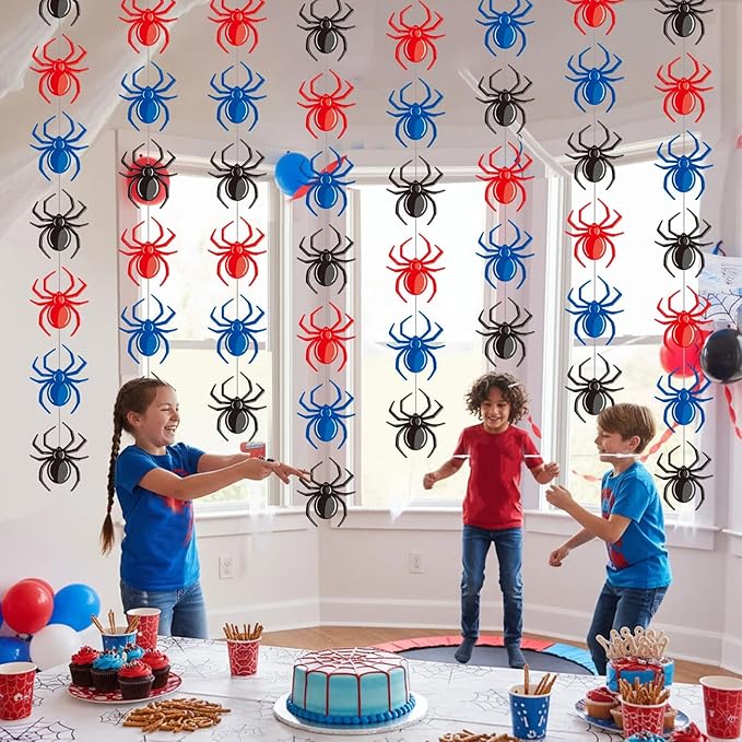 Xinnun Spider Party Decorations Hanging Banners Garland Red Blue Black Spider Banner Cutouts Ribbon Streamers for Birthday Baby Shower Party Decorations Supplies