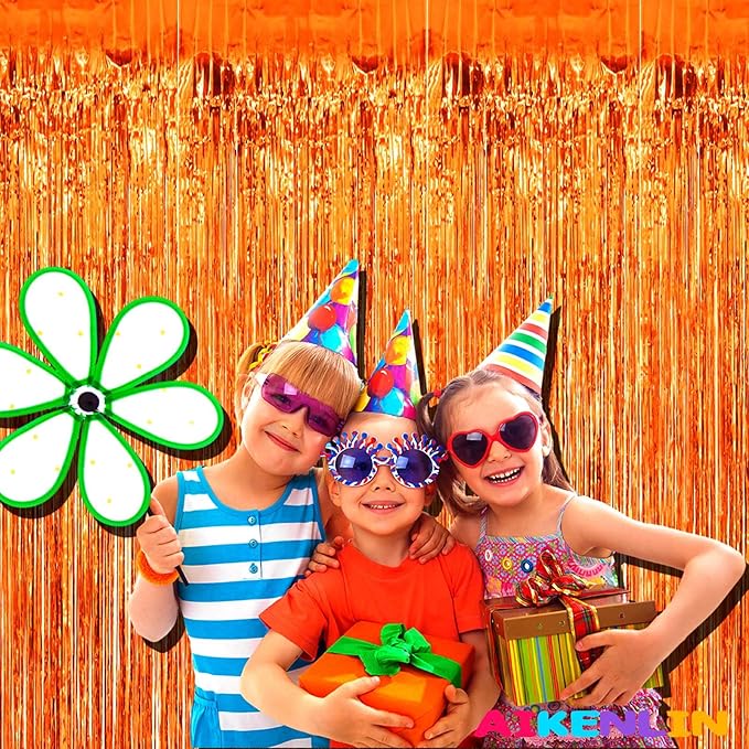 4 Pack 3.2Ft x 8.2Ft Orange Foil Fringe Curtain Backdrop, Metallic Tinsel Foil Fringe Streamers Curtains Background for Photo Booth, Birthday, Wedding, Disco, Bachelorette, Christmas Party Decoration