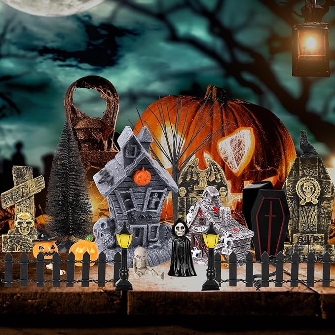 88 PCS Halloween Village Accessories Set Halloween Haunted Houses Village Miniatures Ornaments with Pumpkins Ghost Tombstones Tree Fake Spiders Fence Streetlamp Figurines for Party Home Table Decor
