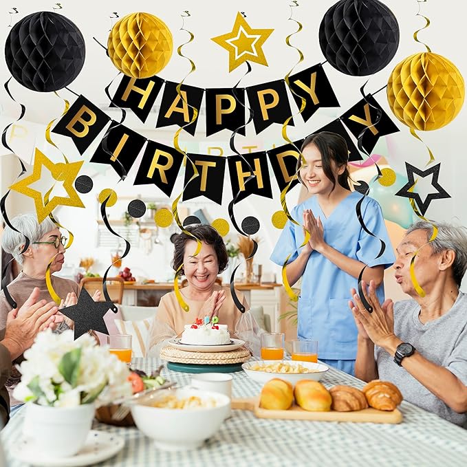 Happy Birthday Decorations Happy Banner with Honeycomb Balls, Swirls Set Happy Decorations Sign for Men Women Boys Girls Birthday Party Supplies Kit for Indoor Outdoor