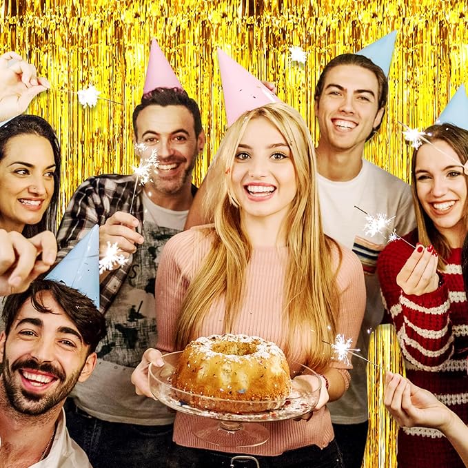 3 Pack Gold Foil Fringe Curtain Backdrop, 3.28Ft x 6.6Ft Metallic Tinsel Foil Fringe Streamer Curtains for Photo Booth, Christmas Day, Thanksgiving, Wedding, New Year Party Decorations