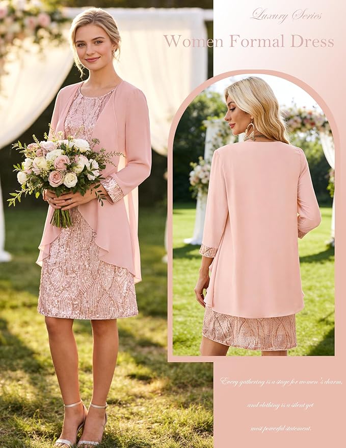 GRACE KARIN Women's Sequin Dress - Wedding Guest & Mother of The Bride Formal Dress - Two Piece Knee Length