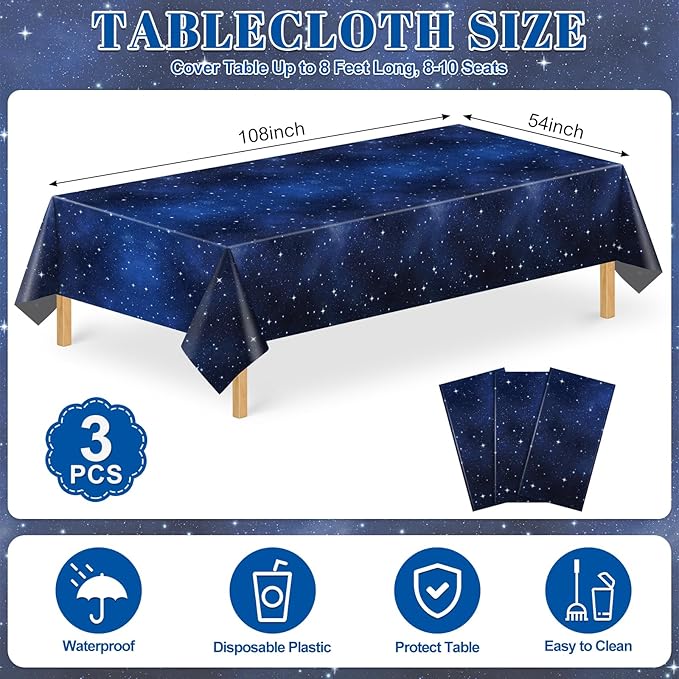 3 Pack Plastic Space Tablecloth, 54 x 108 Inch Disposable Galaxy Themed Tablecloth Waterproof Rectangle Star Party Table Cover for Home Party Decorations