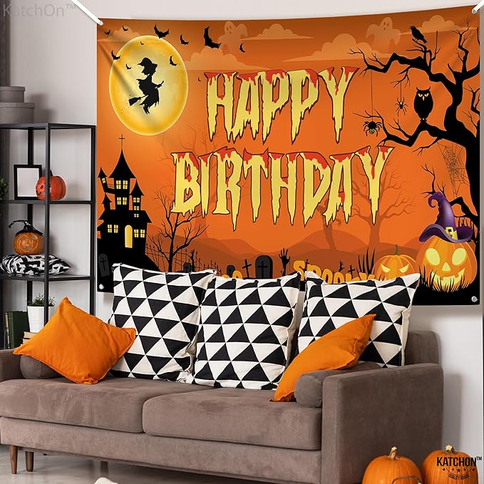 KatchOn, Halloween Happy Birthday Banner - XtraLarge, 72x44 Inch | Spooky Halloween Banner for halloween Birthday Party Decorations | Happy Birthday Backdrop, birthday Decorations Indoor