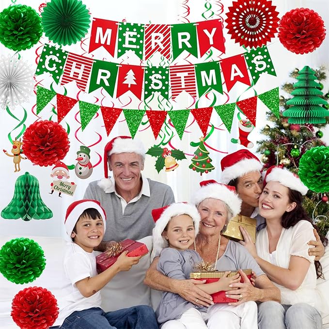 Fecedy MERRY CHRISTMAS Hanging Paper Banner Pom poms Paper flower Fan Swirl Streamers&Christmas tree Santa Claus Banner For Merry Christmas Party Decorations