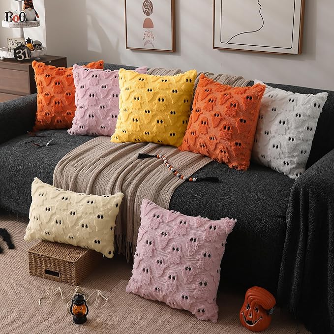 DFXSZ Halloween Pillow Covers 18x18 inch Set of 2 Yellow Ghost Throw Pillow Cases Soft Plush Faux Fur Wool Couch Cushion Case for Chair Sofa Bedroom Living Room Home Decor PTK03H18