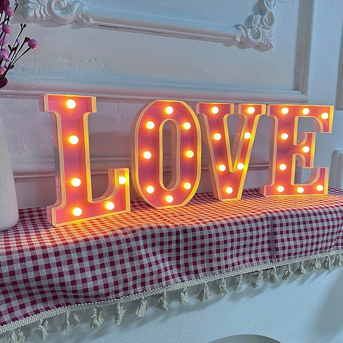 Valentines Day Decorations -4 LED Marquee Light Up Letters "LOVE" for Home Valentines Shelf Mantel Fireplace Tabletop Wedding Party Decorations
