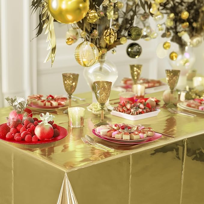 2pcs Champagne Gold Foil Tablecloth 54*72inch Plastic Wedding Birthday Party Table Cloths Light Gold Waterproof Disposable Table Cover for Christmas Grad Elegant Event Anniversary Party Supplies