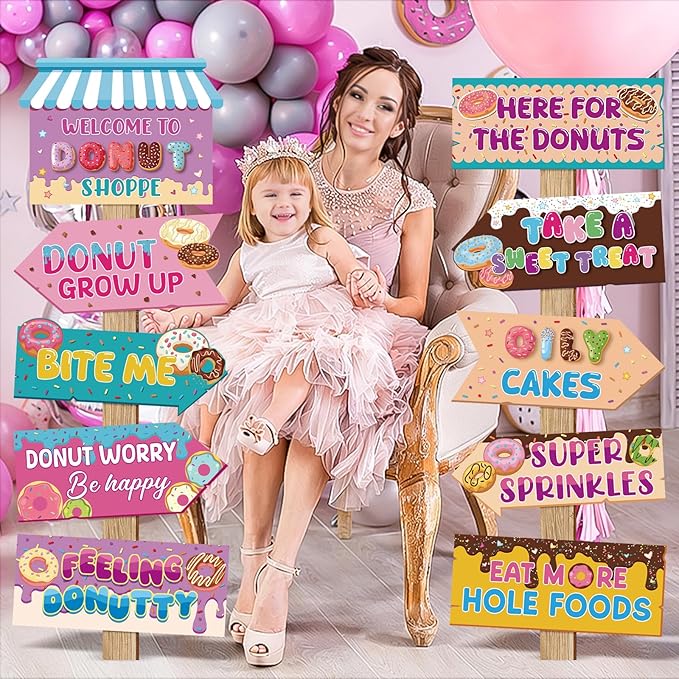 Hooqict 20 Pieces Doughnut Party Sign Welcome to Donut Party Directional Signs for Kids Girls Sweet Donut Themed Birthday Decorations Supplies